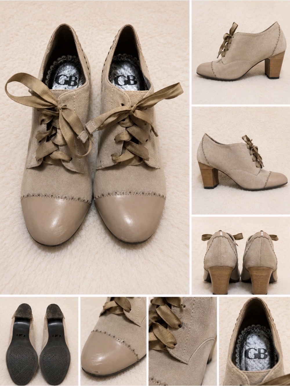 Gianni Bini Taupe Lace-Up Heeled Suede Oxfords with Ribbon Laces